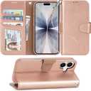 Arae Compatible with iPhone 17 Case Wallet with Card Holder, Wristlet Strap Wallet Flip Cover for iPhone 17 6.1 inch Men/Women, RFID Blocking, Kickstand, Rose Gold