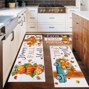 Ileading Fall Kitchen Rugs Set - 3 Piece Mats with Non Slip Backing, Washable Runner for Sink, Laundry, Hallway & Indoor Decoration (Striped Pumpkins)