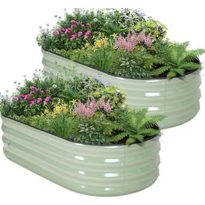 Galvanized Raised Garden Bed - 421ft (2 Packs) Planter Raised Beds for Gardening | Oval Metal Garden Planter Box with Safety Edging and Gloves for Vegetables Fruits Flower - AvocadoGreen