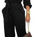 SxClub Black Jumpsuits for Women Dressy Sexy Elegant Long Sleeve Long Straight Pants Rompers Busineess with Pockets Button(Large)