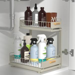 Under Sink Organizer, Pull Out Kitchen Cabinet Organizer 2 Tier Slide Out Under Sink Organizers and Storage, Sink Shelf Cabinet Storage Shelves for Kitchen Bathroom Pantry, Grey (Double Layer, Gray)