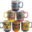 Henten Home Porcelain Coffee Mug Set of 6, 14 oz Colorful Latte Cup with Handle, Boho Ceramic Mug for Hot Chocolate, Milk, Tea, Cappuccino, Cocoa, Microwave & Dishwasher Safe
