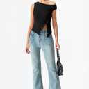 QINSEN Womens Off Shoulder Asymmetrical Tops Diagonal Button-up Closure Split Hem Cropped T Shirts Y2k Tank Top (Black, XL)
