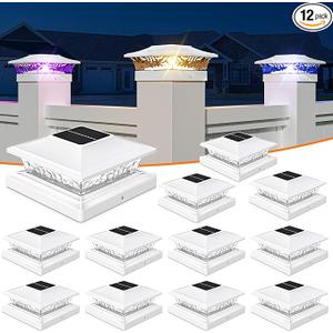 APONUO Solar Post Cap Lights with 8 RGB Solid Colors & Multicolor Flow - 12 Pack Fence Post Solar Lights, IP65 Waterproof - Fits 4x4 5x5 6x6 Wood & Vinyl Posts - White