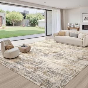 UERMEI 12x15 Area Rug for Living Room: Extra Large Neutral Abstract Carpet Modern Soft Low Pile Stain Resistant Washable for Open Floor Plan Bedroom Dining Office Kids Pets Friendly Golden Brown