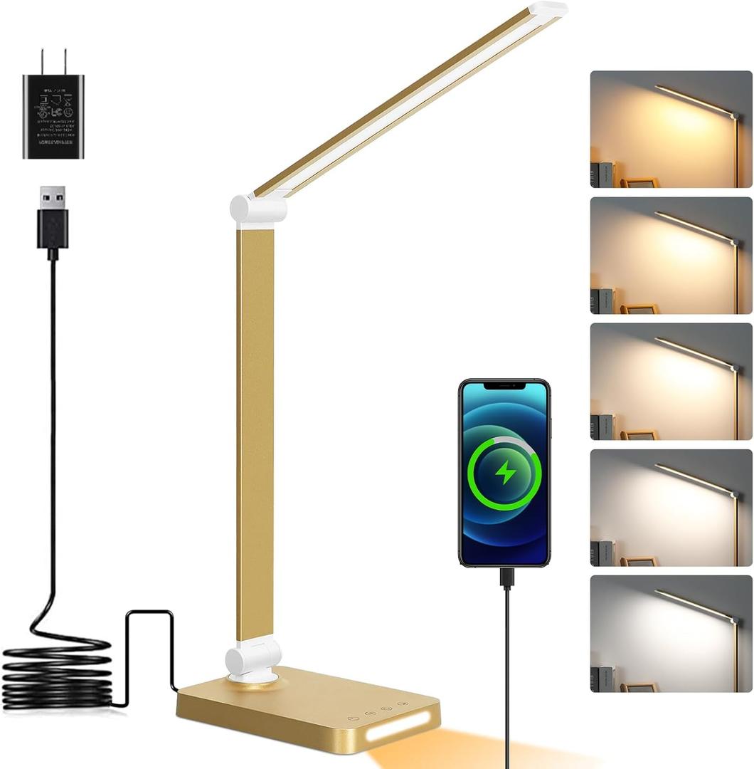 LED Desk Lamp with USB Ports,Touch Desk Lamps for Home Office with 5 Color Modes,3 Brightness Desk Light with Small Night Light,Reading Lamp Table Lamp for Bedroom Bedside Study Gold with Adapter