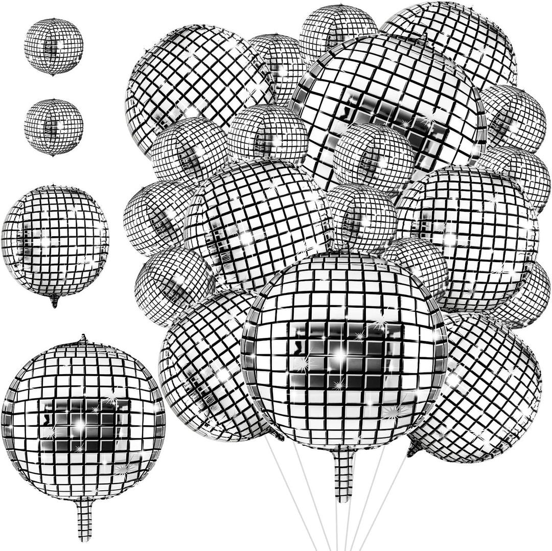 30 Pcs Disco Ball Balloons 32" 22" 10" 4d Balloons 70s Disco Party Decorations Round Metallic Silver Foil Balloon for Dance Birthday Wedding New Years Eve Party Supplies