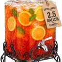 2.5 Gallon Glass Beverage Dispenser with Stand & Stainless Steel Spigot – Large Mason Jar Drink Dispenser for Sun Tea, Kombucha, Iced Tea, Lemonade, Sangria & Cold Drinks
