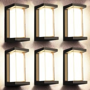 Juyace 6 Pack Outdoor Wall Lights, 18W 1800LM Modern Black Exterior Sconces, IP65 Waterproof 3000K Warm White Wall Mount Fixtures for Front Door, Garage, Porch, Patio, Entryway, House