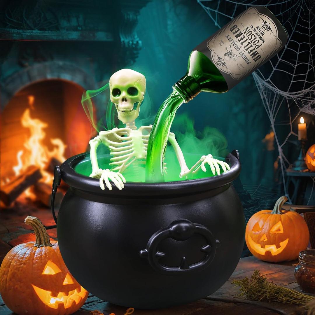 Halloween Decorations - Cauldron Halloween Decor with Magic Floating Potion Bottles Fog Diffuser Spooky Skeletons & Black Plastic Witches Bowl for Indoor Outdoor Party/Table/Mantel/Kitchen Decor