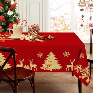 Christmas Rectangle Tablecloth 60120 inch Red Table Cloth Golden Deer Xmas Tree Table Covers Christmas Decoration for Dining Room Home Decor for Holiday