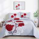 Anibedding Floral Quilt Set Queen Size,Elegant Red Floral Printed Bedspread Coverlet 3 Pieces Soft Microfiber Bedding Set with 2 Pillowcases for All Season(96"90")