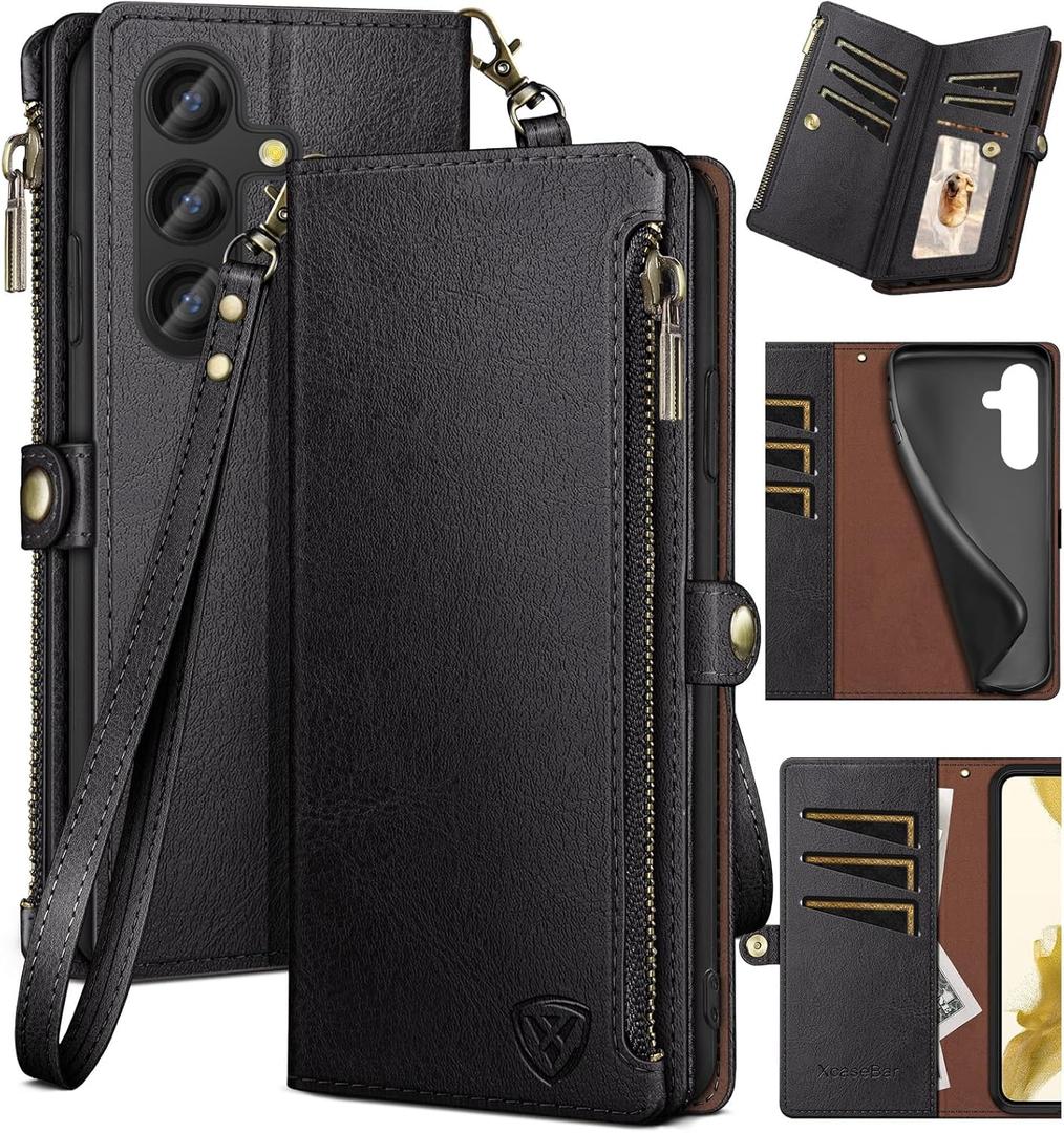 XcaseBar for S24 Plus/S24+ Wallet case with Zipper Credit Card Holder RFID Blocking,Flip Folio Book PU Leather Shockproof Protective Cover Women Men for S24Plus Phone case Black