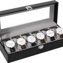 Uten Watch Boxes 6 Slots, Watch Display Storage Box PU Jewelry Collection Case Organiser Holder (Black + Grey)