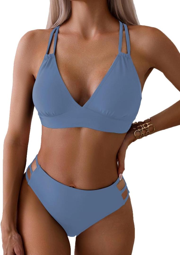 Tainehs Women's Push Up V Neck Bikini Sets Criss Cross Back Two Piece Bathing Suit (Medium, Gray Blue)