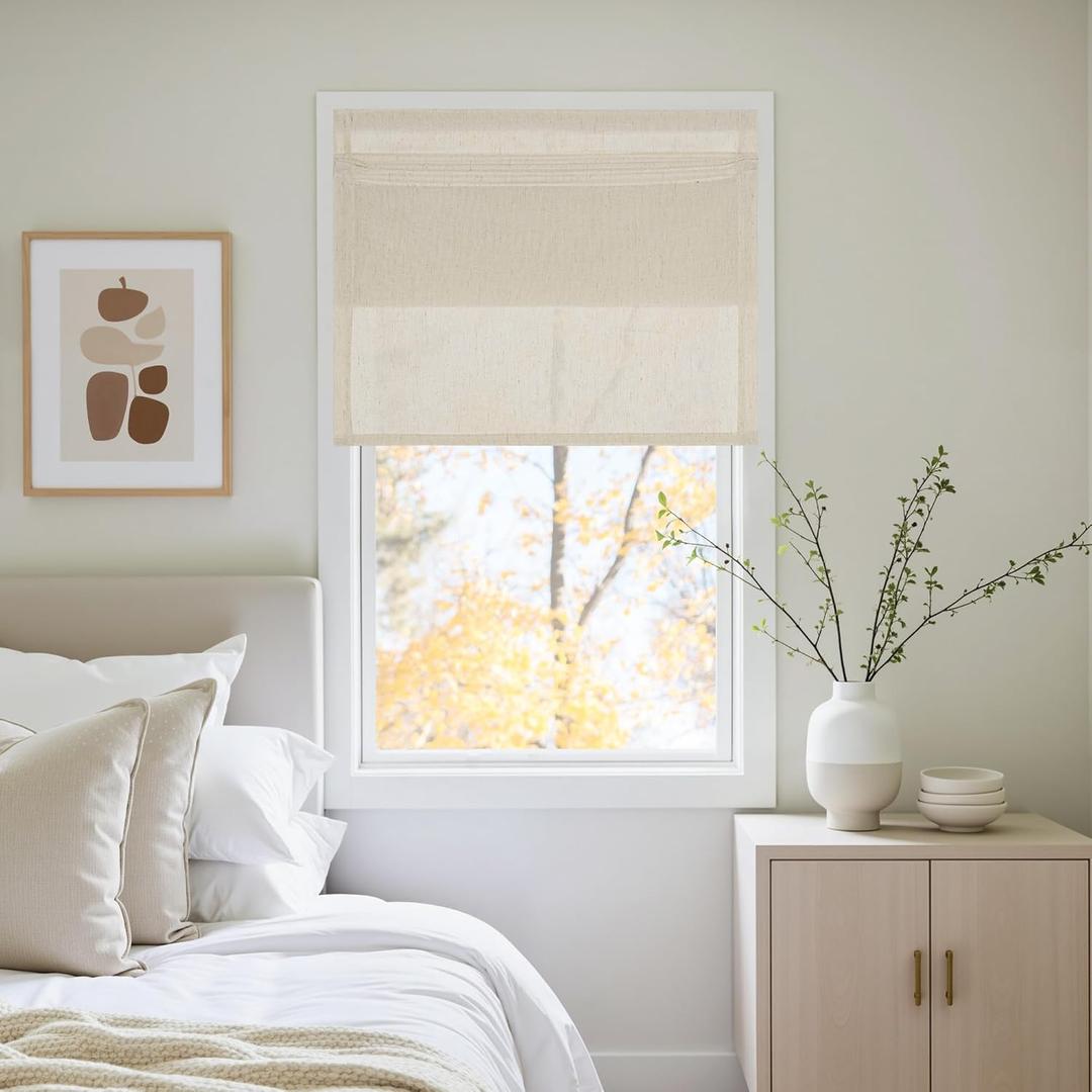 NICETOWN Natural Linen Farmhouse French Door Curtain, No Drill Roman Shades for Window, Thick Linen Blended Light Filtering Solid Window Cover for Glass Patio, 30" Wx 72" L, 1 PC