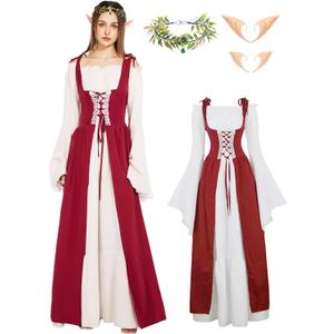Verceco Women Renaissance Dress Medieval Costume Dress for Women with Flower Crown Elf Ears Fairy Costume for Women Girls (XX-Large, Red)