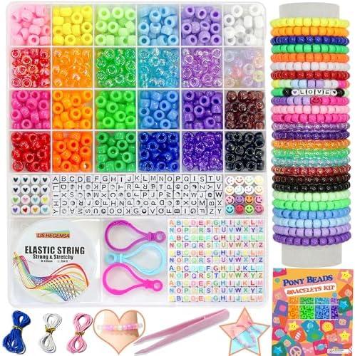 LIS HEGENSA Pony Bulk Plastic Kandi Beads for Necklace Jewelry, Bracelets Making, Hair Braiding, Crafts Braids Kits for Girls, 24 Color,1000 Pieces