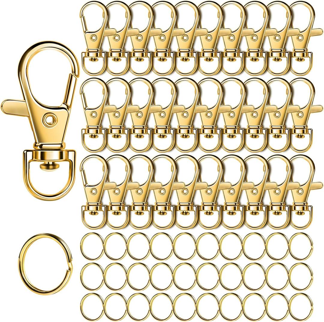 LEOBRO 60PCS Lobster Claw Clasps and Key Rings, 30PCS Keychain Clips and 30PCS Key Chain Ring for Keychain, Key, Jewelry Making, Art Crafts, Gold