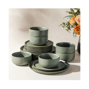 LERATIO Stoneware Dinnerware Sets for 4,Handcarft Ceramic Plates and Bowls Sets,Chip and Scratch Resistant Dishes, Dishwasher & Microwave Safe, Oven safe,Reactive Glaze-Green