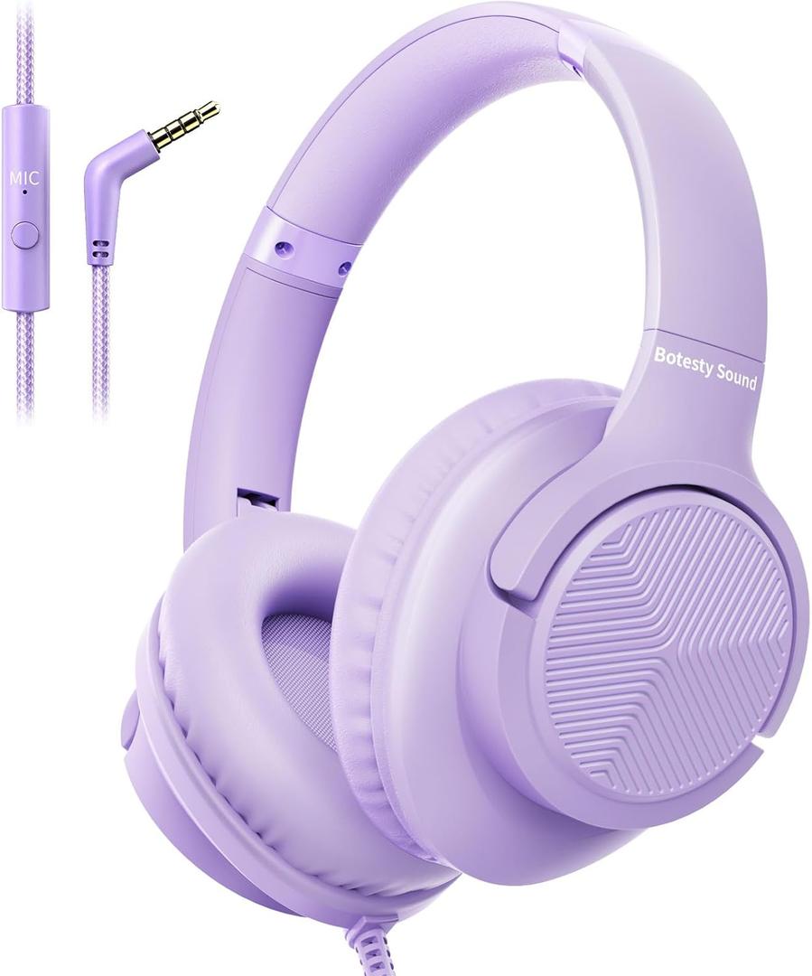 Headphones Wired with Microphone, Over Ear Foldable 3.5mm Plug in Headphones with 4.9ft Tangle-Free Nylon Cord for Tablet, Laptop, MP3/4, School, Airplane Travel (Purple)