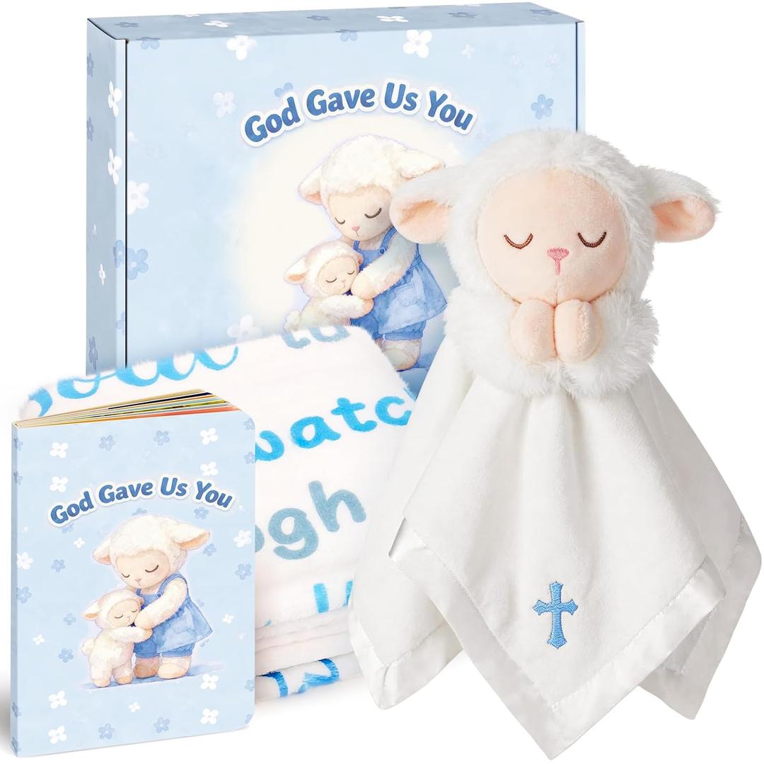 Baptism Gifts for Boys and Girls, Loveys for Babies Lamb Security Blanket, Plush Lamb Lovey with Cross Embroidery, Christening Gift Set with Baby Blanket & First Prayer Book