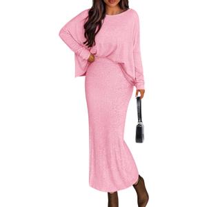 PRETTYGARDEN Women's Fall 2026 Two Piece Matching Skirt Sets Long Sleeve Tops Maxi Long Slit Bodycon Skirts Vacation Outfits (Pink, XL)