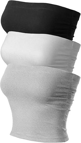 MixMatchy Women's 3 Pack Casual Summer Ruched Side Backless Double Layered Tube Top with Built in Shelf Bra,  L