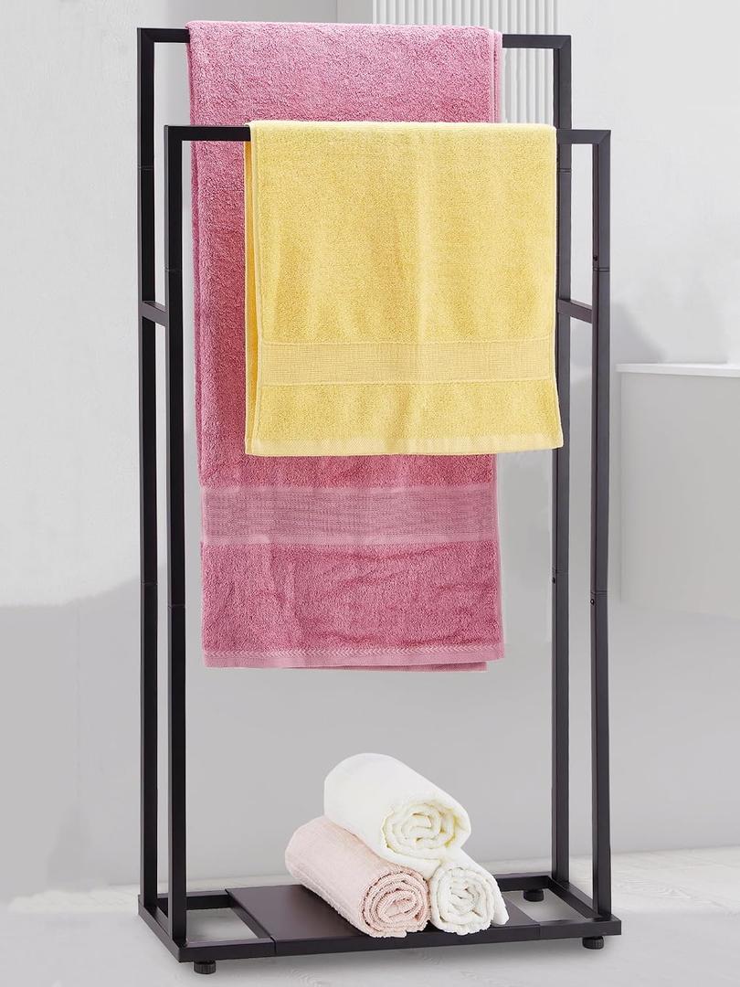 Towel Racks for Bathroom, 39'' Tall 2 Tier Bathroom Towel Stand with Storage Shelves, Modern Standing Pool Drying Rack for Outdoor, Black, ALHAKIN