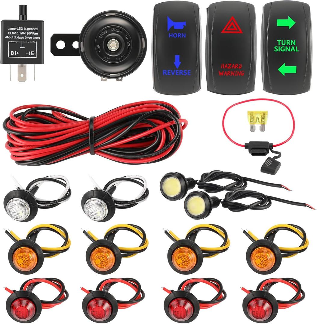 UTV Turn Signal Kit with Horn, Universal Street Legal Set with Rocker Switch Hazard Lights Flasher Relay Compatible with Polaris RZR Ranger Turbo Can-Am Golf Carts Kawasaki Teryx