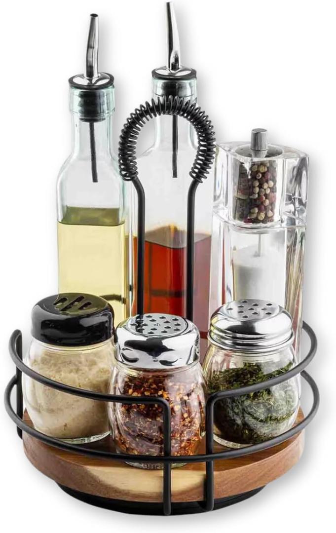 Tablecraft Round Rotating Tabletop Caddy, Acacia Wood and Metal Condiment 8" Seasoning, Sauces, Spice and Shaker Organizer, Restaurants, Cafes, and Commercial Foodservice Display Use