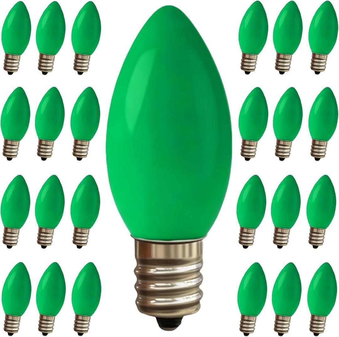 25 Pack C9 Christmas Green LED Light Bulb, Vintage Plastic C9 Ceramic Replacement Bulbs Waterproof C9/E17 Intermediate Base 0.6 Watt Great for Night Lights Christmas Patio String Lights