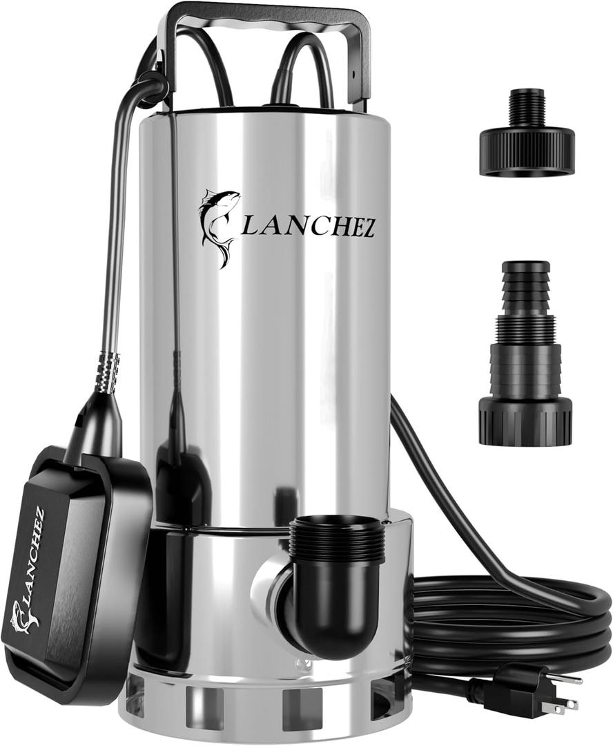 Lanchez 1.6 HP Stainless Steel Sump Pump Submersible with Automatic Float Switch, 5500GPH Clean/Dirty Transfer Water Pump with 25FT Cord for Swimming Pool Garden Basement Tub Pond Draining