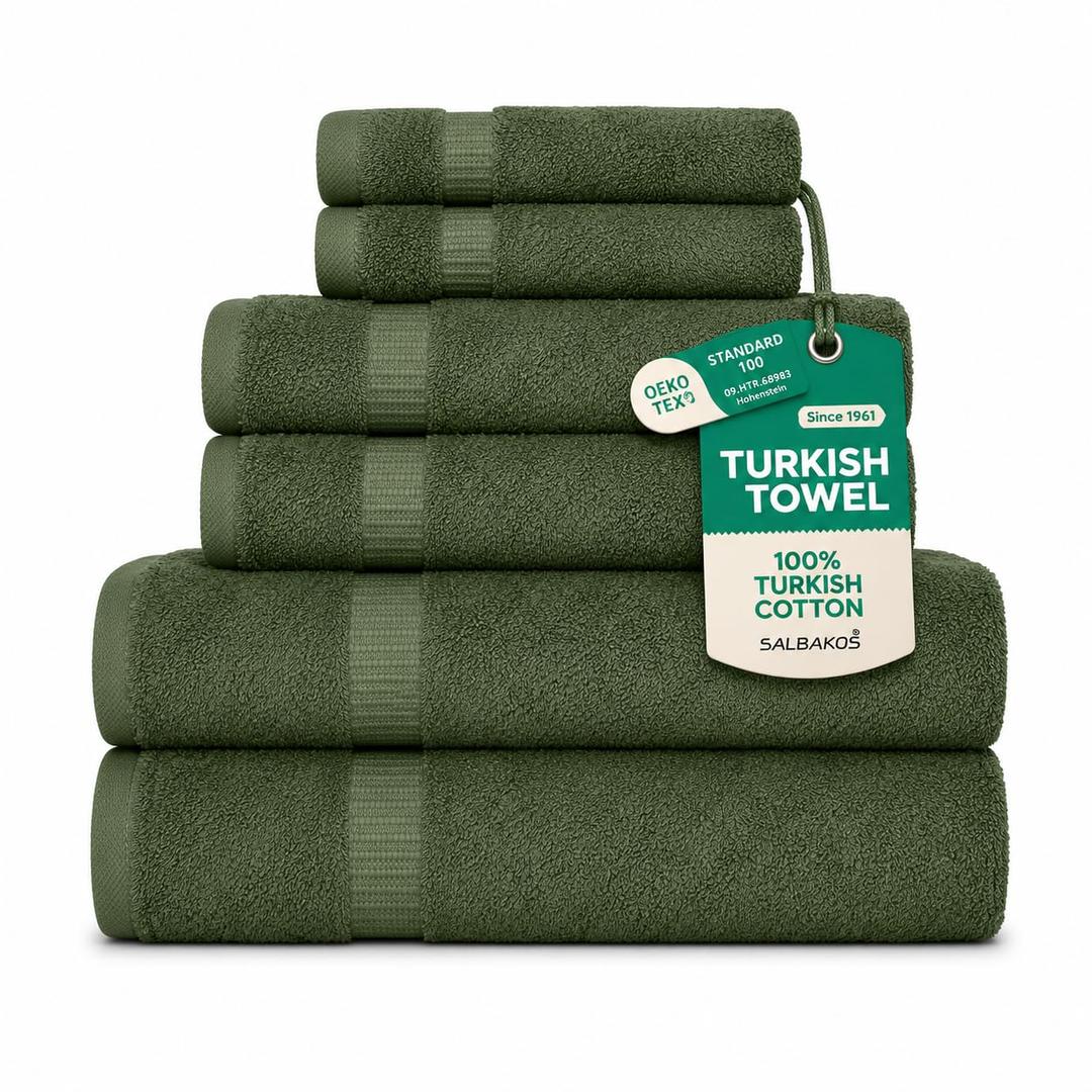 SALBAKOS 100% Turkish Cotton 6-Piece Towel Set | Heirloom Quality Hotel & Spa Collection | Soft, Super Absorbent 2 Washcloth, 2 Hand, 2 Bath Towel Sets | Made in Turkey (Green, 6 Piece Towel Set)