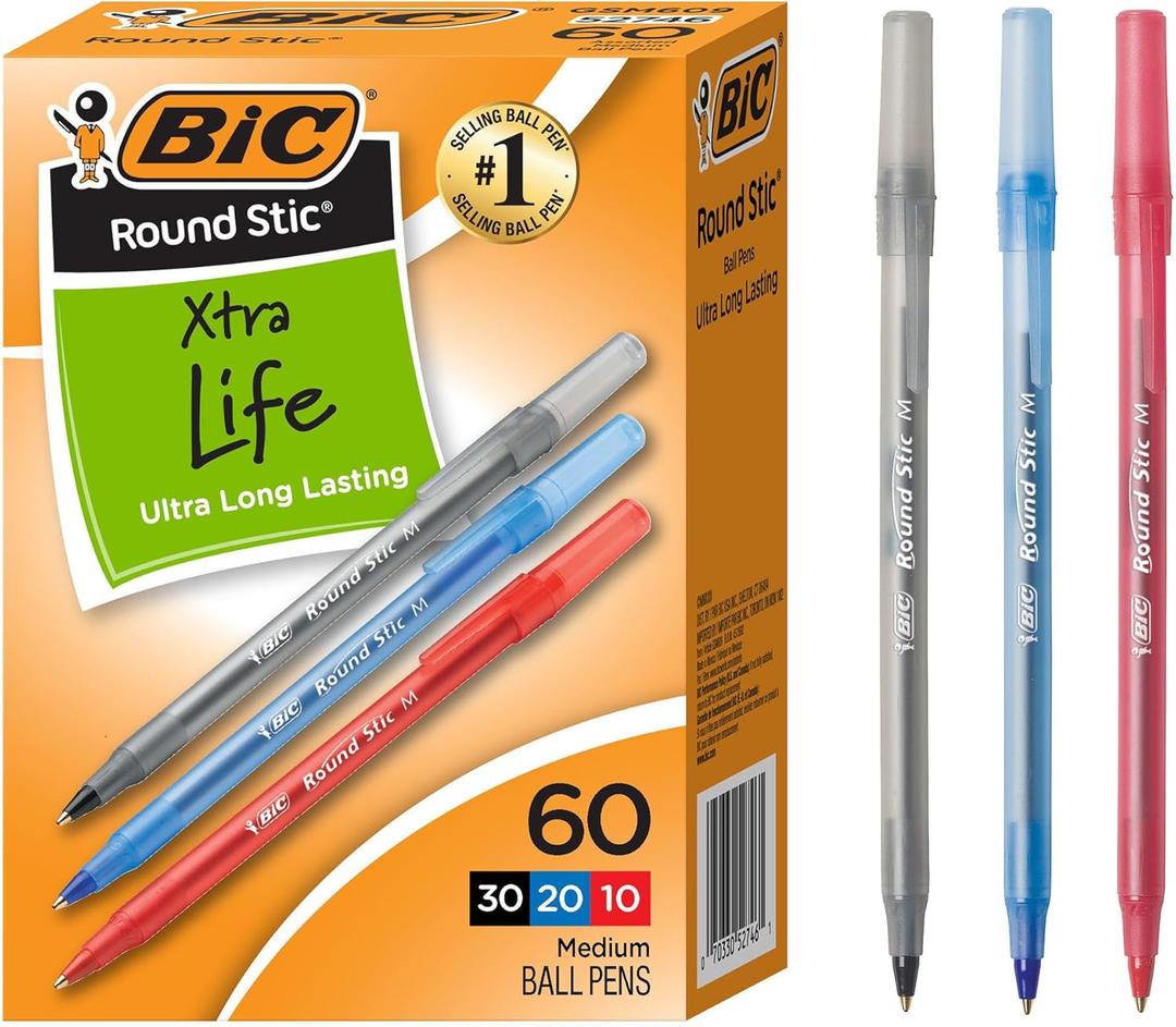 BIC Round Stic Xtra Life Assorted Ink Ballpoint Pens, Medium Point (1.0mm), 60-Count Pack of Bulk Pens, Flexible Round Barrel for Comfortable Writing, No. 1 Selling Ballpoint Pens