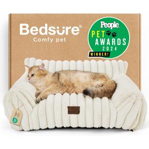 Bedsure ComfyFleece Cute Cat Couch for Pets - As Seen on TV on Good Day New York, Fuzzy Cats beds for Indoor Cats with Removable Washable Cover, Supportive Pet Sofa, 24inch, Cream