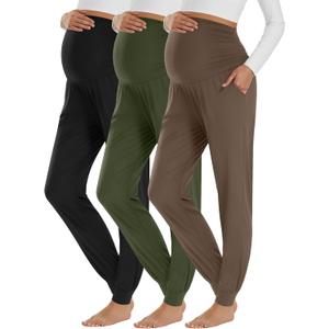 Neer 3 Pack Women's Maternity Joggers Over Belly Sweatpants Stretchy Pregnancy Lounge Pants with Pockets Winter (Black, Army Green, Light Coffee-Small)