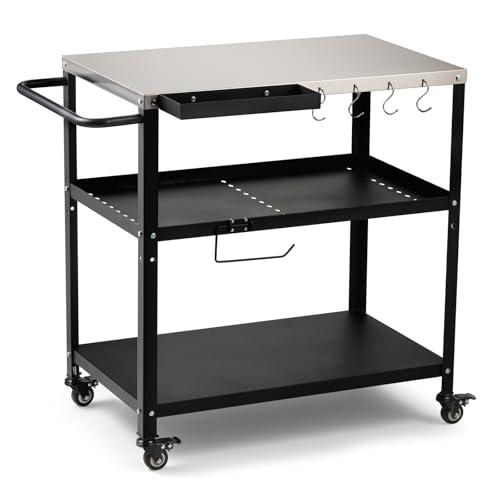 Outdoor Grill Cart Table, Pizza Oven Stand with Casters, Silver