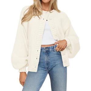 MEROKEETY Women's Fall Long Lantern Sleeve Cardigan Sweaters Casual Button Down Crewneck Open Front Coat (White, M)