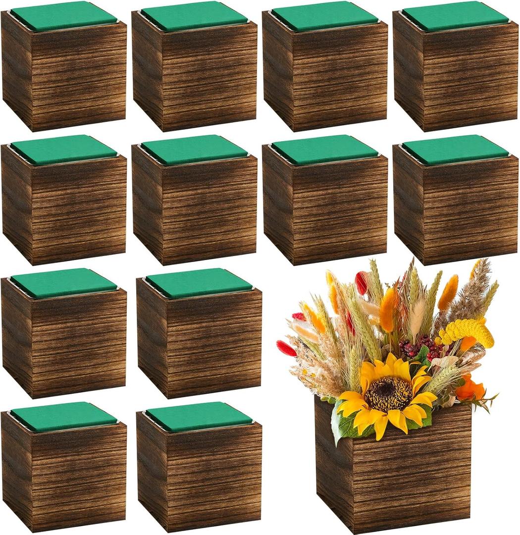 Dandat 6 Set Wood Cube Planter Box Square Wood Vase Rustic Cube Planter Box with Removable Plastic Liner Floral Foam Blocks for Centerpieces Home Wedding Garden Decor, Country Style (Brown)