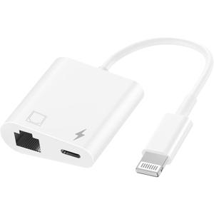 MFi Certified 2 in 1 Lightning to RJ45 Ethernet LAN Network Adapter with Charge Port Compatible with iPhone/iPad/iPod Models, Supports 100Mbps,Plug and Play Ethernet Network