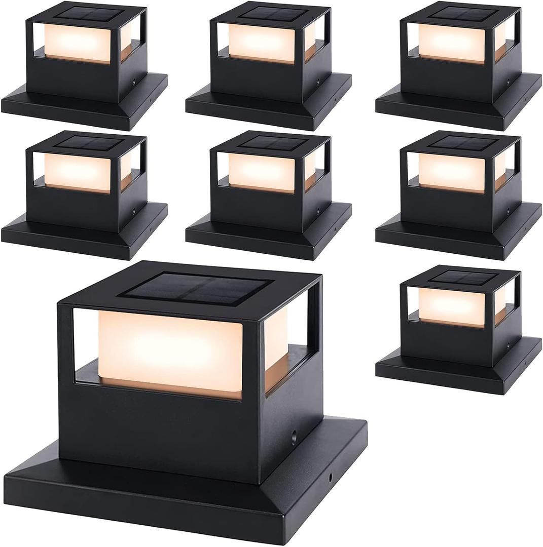 Viewsun 8 Pack Solar Post Cap Lights, Outdoor Garden Solar Powered Fence Post Cap Lights with SMD LEDs Waterproof Light Decorative for Fence Deck or Patio Decor, Fits 4x4, 5x5 or 6x6 Wooden Posts (8 pack, Black)