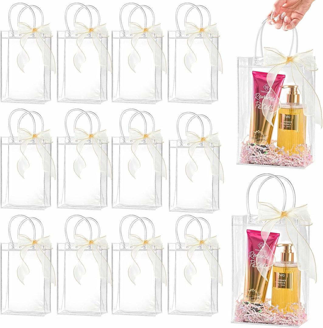 Ohuimrt 20 PCS Clear Plastic Gift Bags with Handles, 6.3 x 9.84 x 3.15 Inches Reusable Party Favor Bags with Ribbon Transparent Gift Wrap Bags Bulk for Weddings Birthdays