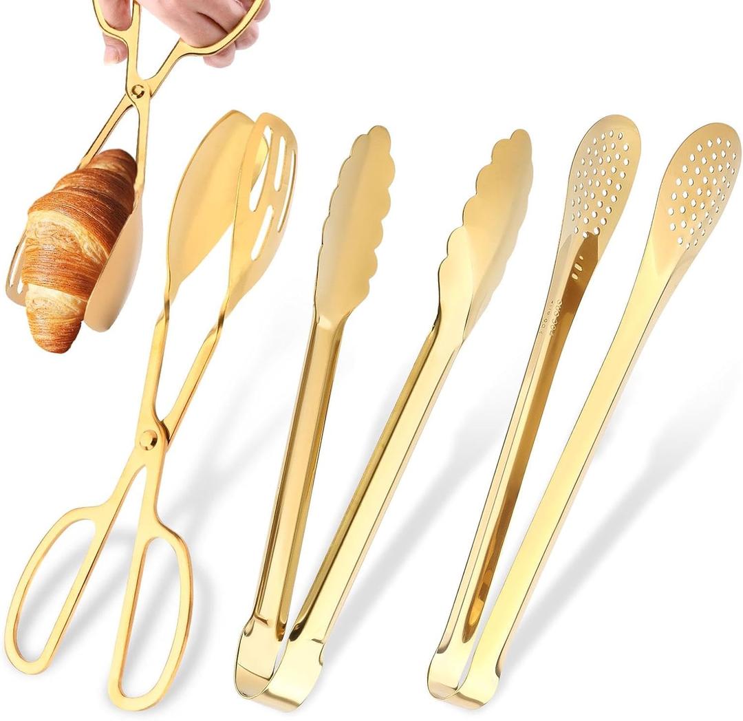 Serving Tongs,Stainless Steel Buffet Tongs, Kitchen Tongs Serving Utensils for Salad Buffet Appetizer Dessert Food Parties Wedding Party Catering, 3 Different Type Food Tongs(Gold)