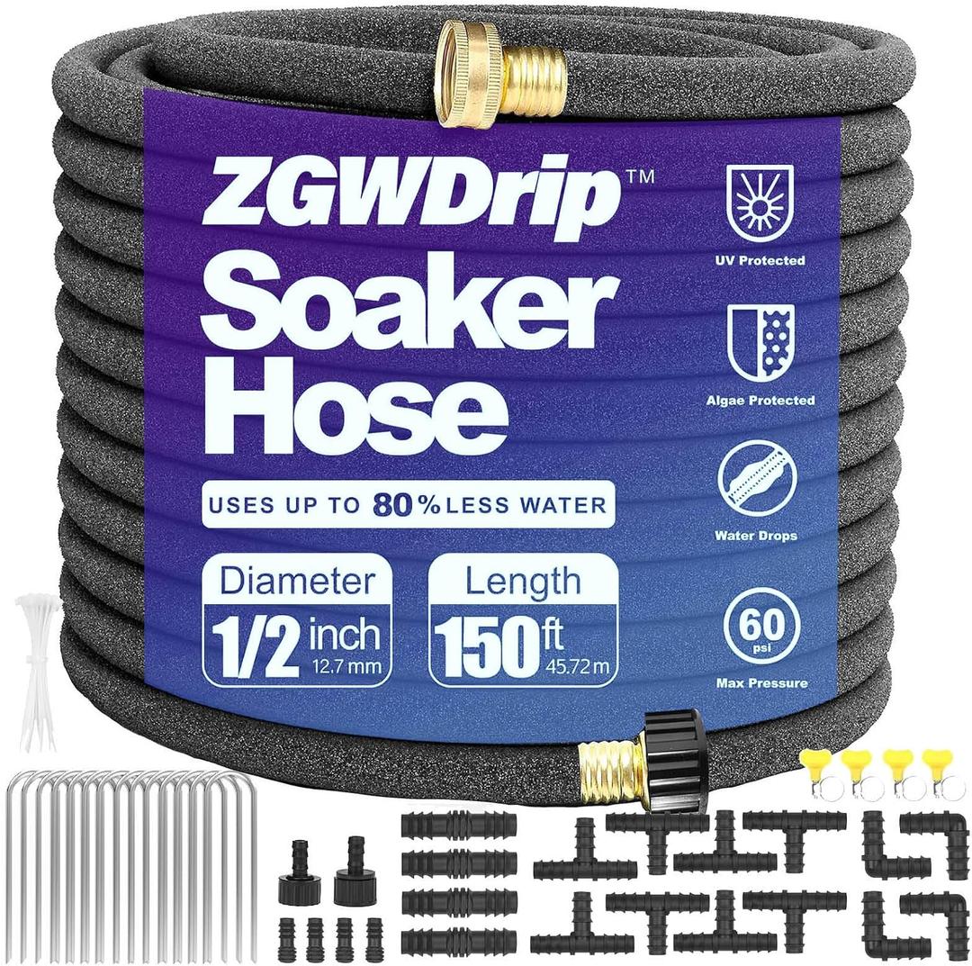 150FT 1/2" Water-Saving Soaker Hose with Solid Brass Connectors, Drip Irrigation Kit for Lawn & Landscaping with Metal Ground Stake & Accessory Kit