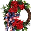 22IN Artifical Patriotic Wreath Fourth of July Wreath with Hydrangeas Ivy Spring Summer Wreath for Front Door Wall Decor Indoor Outdoor