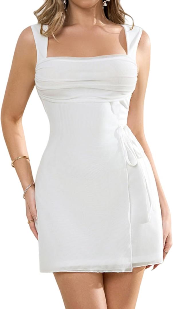 Women's Sexy Mesh Short Dress Square Neck Ruched Wedding Guest Cocktail Mini Dresses (White, M)