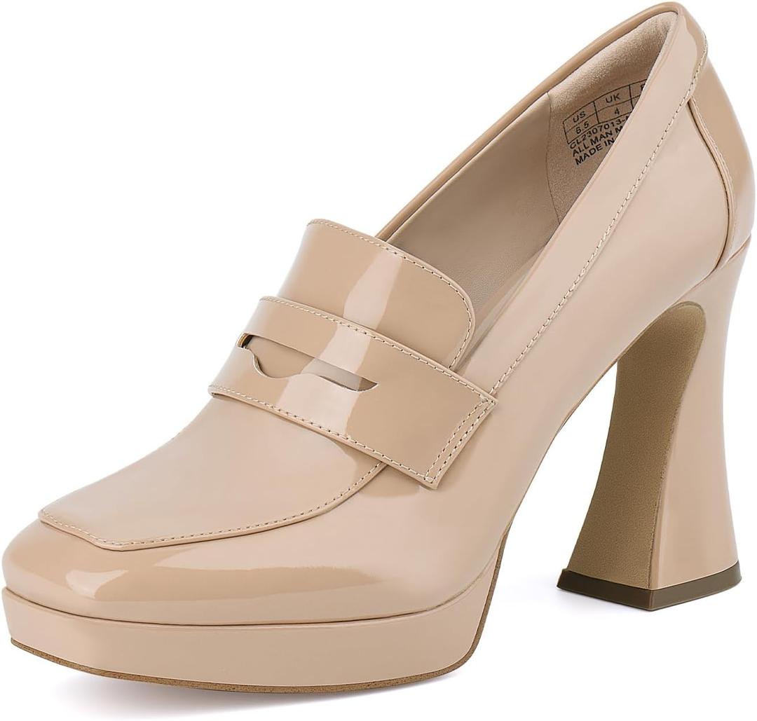 JENN ARDOR Women's Platform Loafer Heels Square Closed Toe Chunky Block High Penny Loafers Pumps Elegant Comfort Casual Slip On Wedding Dress Shoes (9)