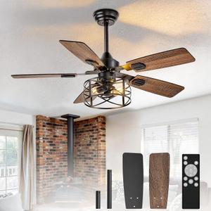 Depuley 42-Inch Ceiling Fans with Lights: Caged Ceiling Fans Dual Finish 5 Blades - Rustic Ceiling Fan with Remote Control for Farmhouse Living Room Outdoor Porch (E26 Bulb Included) (Black Walnut Cage 01)