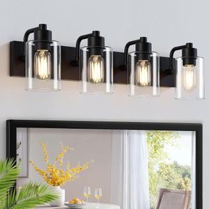 Bathroom Vanity Light, Modern Matte Black 4-Light Bathroom Lights Over Mirror with Clear Glass Shade, Wall Sconces for Bedroom, Living Room